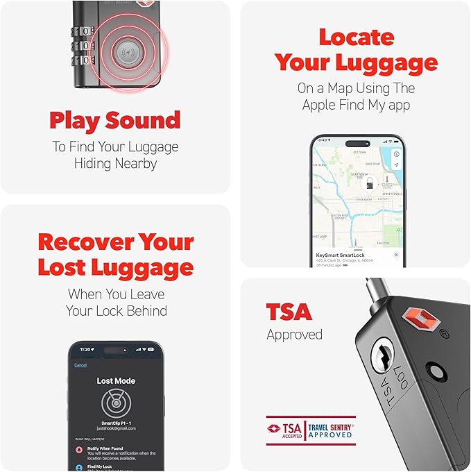 KeySmart SmartLock Tracking Luggage Locks, TSA Locks for Luggage, GPS Tracker, Combination Lock Compatible with Apple Find My App, Best Travel Essentials, Replaceable Non-Rechargeable Battery (3 Pack)