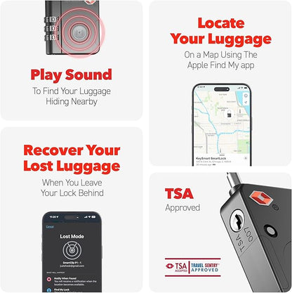 KeySmart SmartLock Tracking Luggage Locks, TSA Locks for Luggage, GPS Tracker, Combination Lock Compatible with Apple Find My App, Best Travel Essentials, Replaceable Non-Rechargeable Battery (3 Pack)