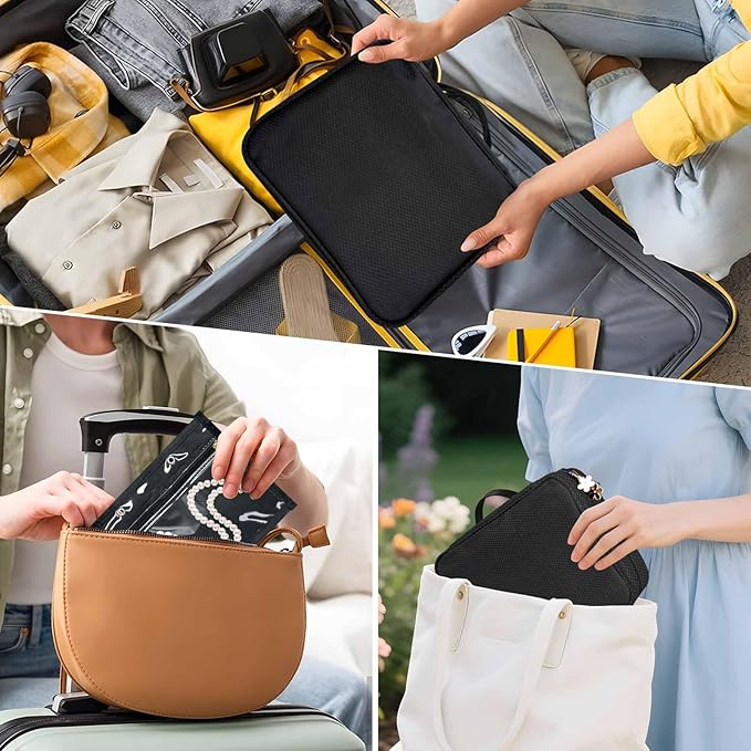 Travel Jewelry Organizer Case, Jewelry Storage Bag with Zipper Velvet Pockets, Portable Jewelry Case for Necklaces, Rings, Earrings, Bracelets