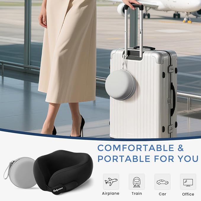 Travel Neck Pillow for Airplane, Neck Travel Pillow, Upgraded Soft 100% Pure Memory Foam - Lightweight and Stowable - Ergonomic Design for Long Flights, Car, Train, Office Use