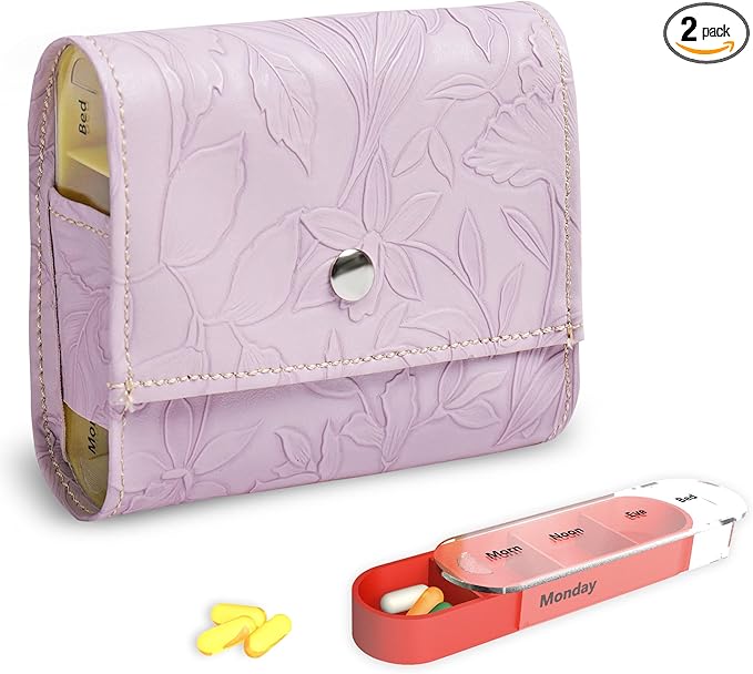 Pill Organizer,LIZIMANDU Weekly Travel Pill Case Box Medication Reminder Daily AM PM, Day Night 7 Compartments,for 4 Times A Day, 7 Days a Week-Includes Leather PU Carrying Case(1-Carved Purple)