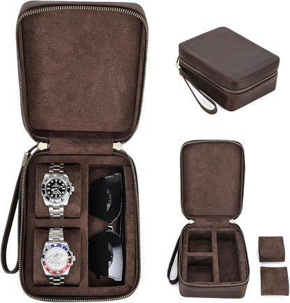 CONTACTS Full Grain Leather Watch and Glasses Case for Men Travel Jewelry Organizer for 2 Watches and Watch Straps or 1 Sunglasses Holder