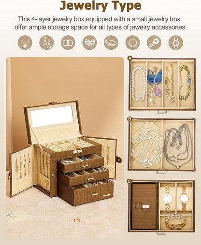 Homde 2 IN 1 Jewelry Box for Women Girls with Small Travel Case Mirror Necklace Ring Earrings Organizer - Christmas Gifts (Brown + Gold)