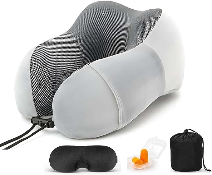 Airplane Travel Neck Pillow, 100% Memory Foam Ergonomic Neck Support, Airplanes Neck Pillow with Washable Cover Travel Essential for Flight & Office include Eye Mask, Earplugs & Carry Bag (Light Gray)