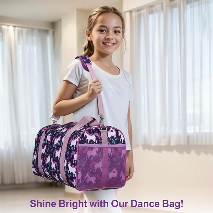 Bagseri Dance Bag for Girls - Ballet Bag for Girls with Shoes Compartment Kids Duffle Bag for Overnight Travel Sleepover with Dry Wet Separation Pockets (Deep Purple Unicorn)