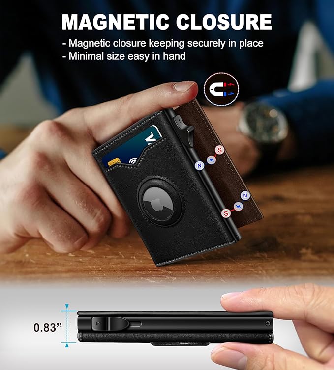 Airtag Wallet for Men,with Cash Pocket 2 ID Window 9-12 Cards,Metal Case Smart Slim Pop Up Credit Card Holder Flip with Magnetic Closure RFID Blocking Trifold wallet with Gift Box