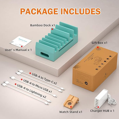 Pezin & Hulin Bamboo Charging Station with Watch Stand, Docking Holder for Multi Device with 5 Port USB Charger HUB, 5 Charge Cables, Desktop Electronic Organizer for Cellphone, Tablet, Watch-Teal