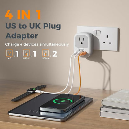 2 Pack UK Adapters for Travel, TESSAN Ireland Plug Adapter with 3 USB Ports (1 USB C), Type G Power Outlet for US to UK Scotland England Dubai Hong Kong London British Kenya Irish Qatar