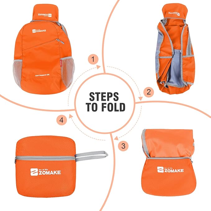 ZOMAKE Lightweight Packable Backpack 20L - Foldable Backpack Small Daypack Hiking Backpack Water-Resistant Day Bag for Travel(Orange)