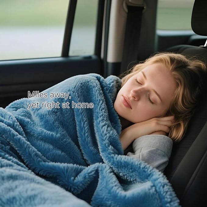 Melissa Large Travel Blanket and Inflatable Pillow Set - 69“ x 43.3” – Soft Blanket with Carry Bag – Lightweight, Compact & Washable for Backpacking, Hiking, Airplane, Car, Office, Camping (Blue)