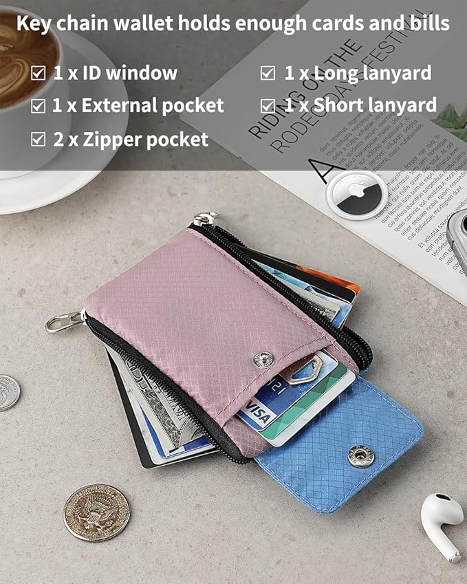 Minimalist Wallet For Mens Womens, Keychain RFID Blocking Zipper Small Wallet with ID Window 2 Lanyards,Water Resistant Travel Cash Card Coin Case Boys Girls