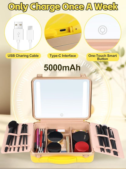 Kalolary Travel Makeup Train Cases with Lighted Mirror 3 Color Setting, Makeup Bag Cosmetic Case Organizer Adjustable Brightness Portable Makeup Storage Box with Detachable 5X Magnifying Mirror Yellow
