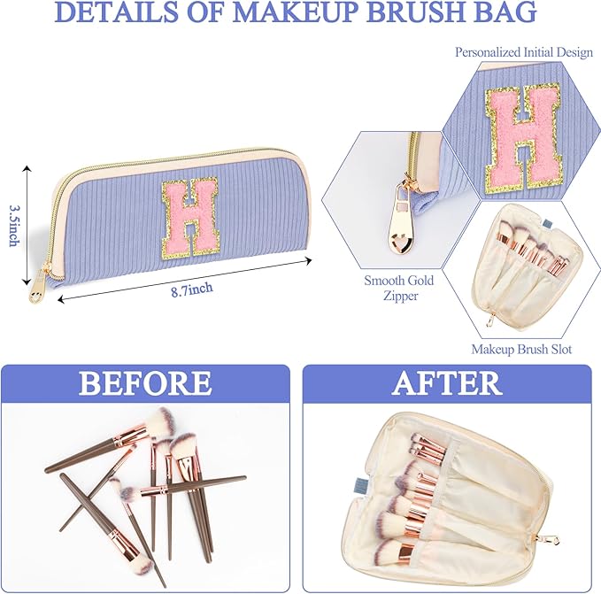 Personalized Initial Makeup Bag Trendy Stuff Corduroy Cosmetic Bag Travel Toiletry Bag, Christmas/Thanksgiving/Halloween Gifts Makeup Organizer Case for Women Girls Mom Girlfriend Wife - Blue