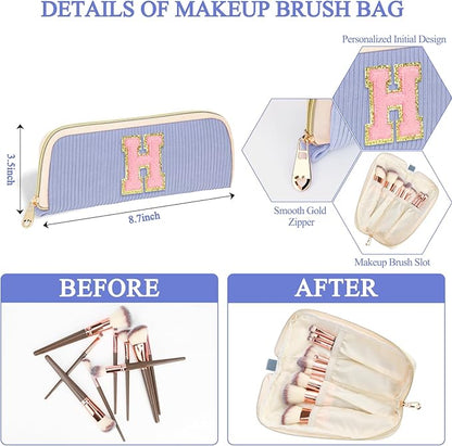 Personalized Initial Makeup Bag Trendy Stuff Corduroy Cosmetic Bag Travel Toiletry Bag, Christmas/Thanksgiving/Halloween Gifts Makeup Organizer Case for Women Girls Mom Girlfriend Wife - Blue