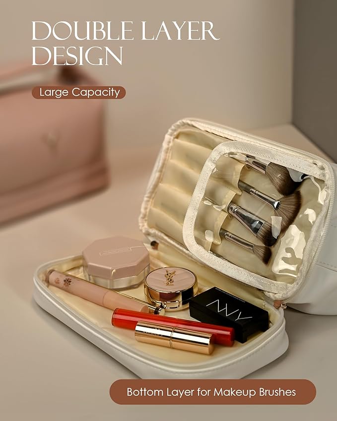 Gifts for Women, Monogrammed Makeup Bag with Handle, Initial Double Layer Cosmetic Bag with Makeup Brush Organizer, Cute Cosmetic Pouch for Women, Gifts for Friends Female Mom