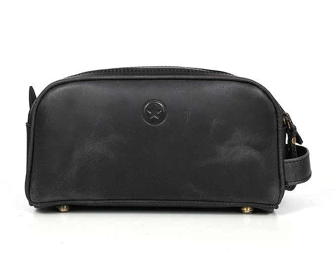 10" Premium Leather Toiletry Travel Pouch With Waterproof Lining Black Color | King-Size Handcrafted Vintage Shaving Kit By Aaron Leather Goods (Florida Black)