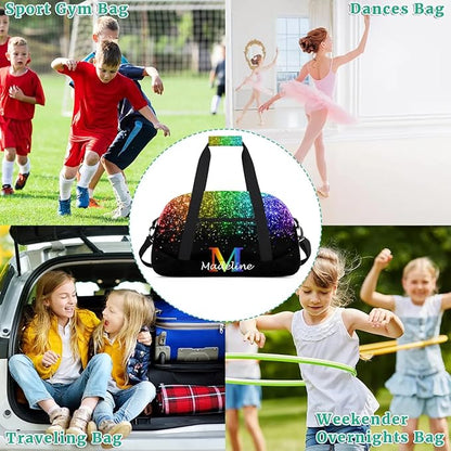 Personalized Kids Sports Duffel Bag with Name Custom Weekender Overnight Bag for Boys Girls Gym Bag Travel Dance Gymnastics Duffel Bag, Rainbow Glitter