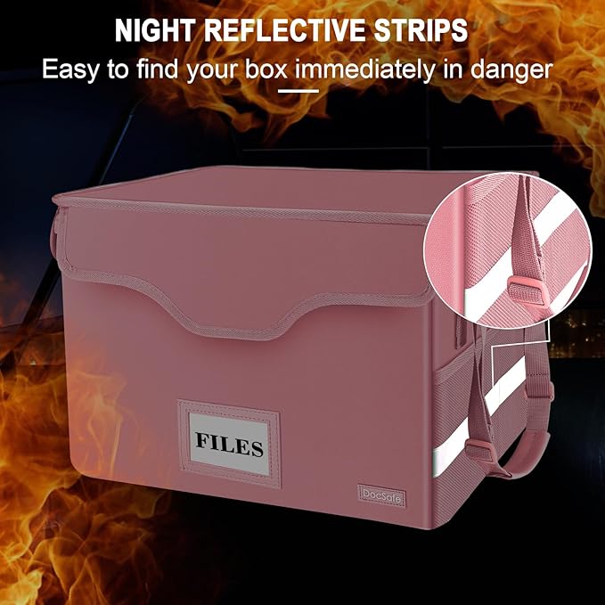 DocSafe Fireproof Document Box with Lock,File Storage Organizer with Pockets,Collapsible Portable File Box Home Office Safe Filing Cabinet with Handle for Hanging Letter/Legal Folders,Pink,2 Pack