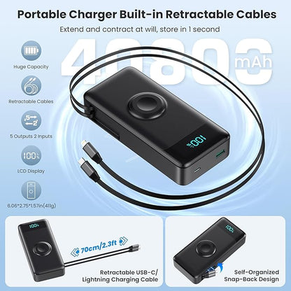 5-in-1 Portable Charger for iPhone,40800mAh Power Bank Built-in Retractable Cable and iWatch Charger,25W PD QC4.0 Fast Charging Battery Pack,Travel Essential Charger for iPhone 17/Air/16,Android,Black