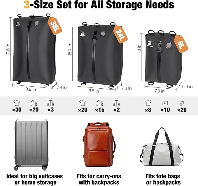 3 Pack Vacuum Bags for Travel with Pump, 3-Size Set Reusable Vacuum Compression Bags for Luggage, Space Saver IP67 Waterproof Vacuum Packing Cubes for Suitcase&Backpack, Black