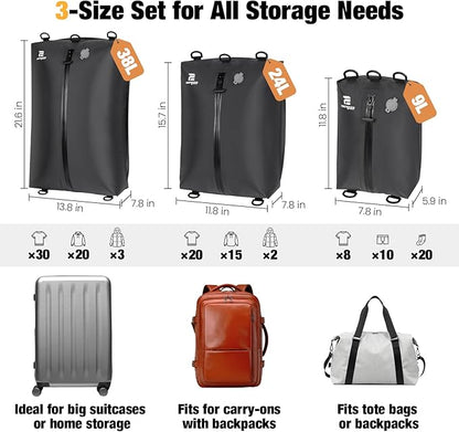 3 Pack Vacuum Bags for Travel with Pump, 3-Size Set Reusable Vacuum Compression Bags for Luggage, Space Saver IP67 Waterproof Vacuum Packing Cubes for Suitcase&Backpack, Black
