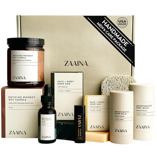 ZAAINA Men’s Self Care Package, Relaxation Spa Gift Set for Him - Luxury Natural Handmade Grooming Kit for Husband Dad Friend, Birthday & Christmas Gifts for Men (Premium Set with Whiskey Candle)