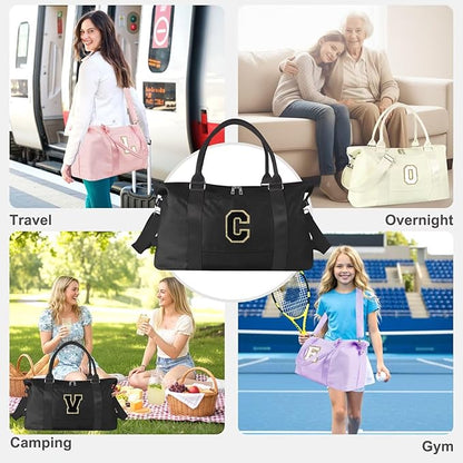 Dance Gym Duffel Bag for Teen Girls, Personalized Initial Travel Weekender Bag,Cute Overnight Carry On Duffle for Women,Sports Travel Cheer Bag,Monogram Christmas Gifts for Tween Preppy(black-C)