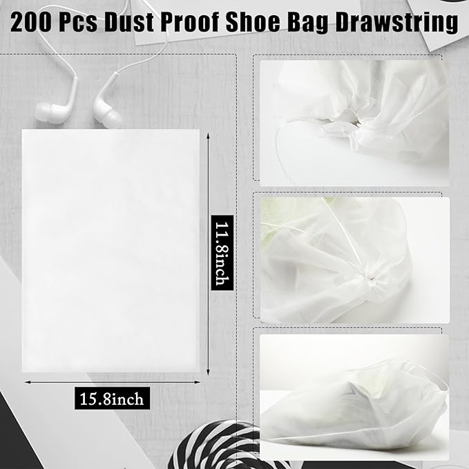Sweetude 200 Pcs Dust Proof Shoe Bag Drawstring Storage Bag Non Woven Fabric Handbag Shoe Covers for Travel Breathable Pouch Portable Storage Organizer for Purse Boot, 11.81 x 15.75 Inch(White)