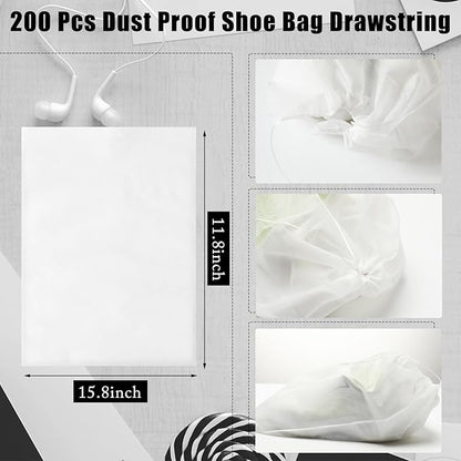 Sweetude 200 Pcs Dust Proof Shoe Bag Drawstring Storage Bag Non Woven Fabric Handbag Shoe Covers for Travel Breathable Pouch Portable Storage Organizer for Purse Boot, 11.81 x 15.75 Inch(White)