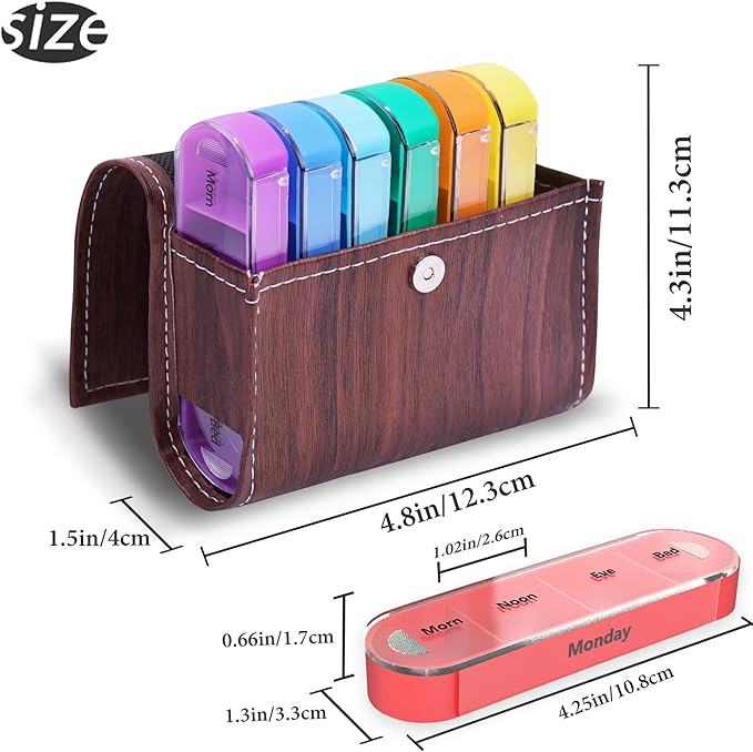 Pill Organizer,LIZIMANDU Weekly Travel Pill Case Box Medication Reminder Daily AM PM, Day Night 7 Compartments,for 4 Times A Day, 7 Days a Week-Includes Leather PU Carrying Case(1-Wood-Light Brown)