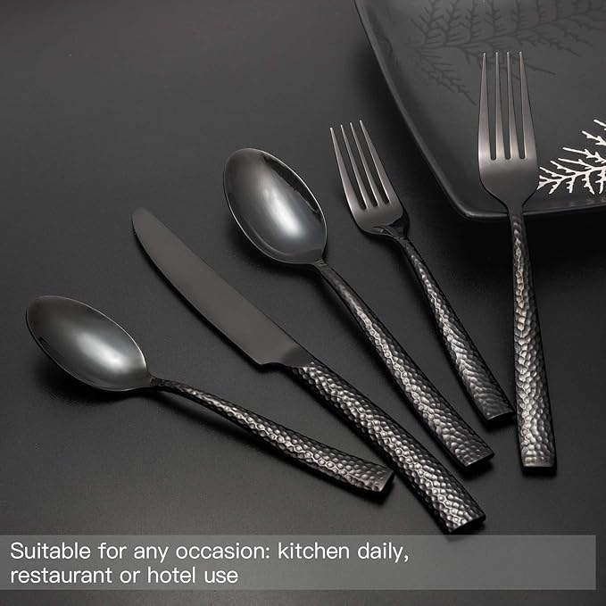 Silverware Set Black Flatware Set Hammered Cutlery Set Stainless Steel Mirror Finished Hand Forged 40 Pieces Service for 8 Home Event Use Wedding Housewarming Gift
