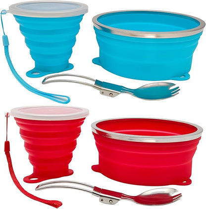 Mess Kit for Camping Silicone Collapsible Bowl Collapsible Cup and Stainless Steel Spoon for Backpacking Outdoor Hiking Traveling and Picnic - 2 Pack