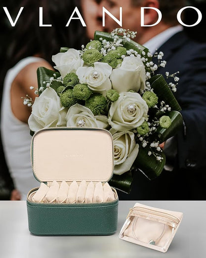 Vlando Jewelry Box with 8 Velvet Jewelry Bags Travel Jewelry Storage Box Petal Hardware Jewelry Organizer for Necklace Rings Earrings Women Gifts for Christmas Birthday-Green