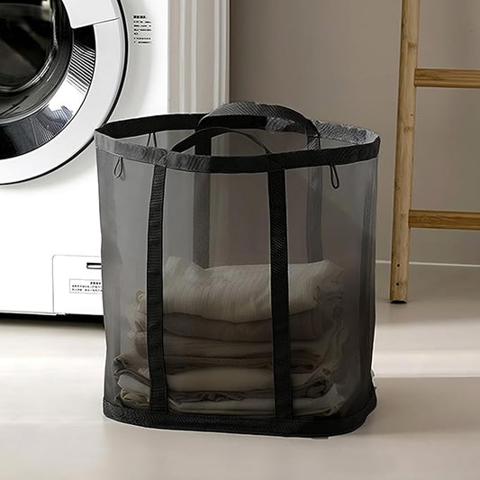 Mesh Bag with Handles, Collapsible Laundry Basket, Foldable Laundry Bag, Breathable Folding Beach Bag,Space-saving Travel Tote Bags (1, Black)