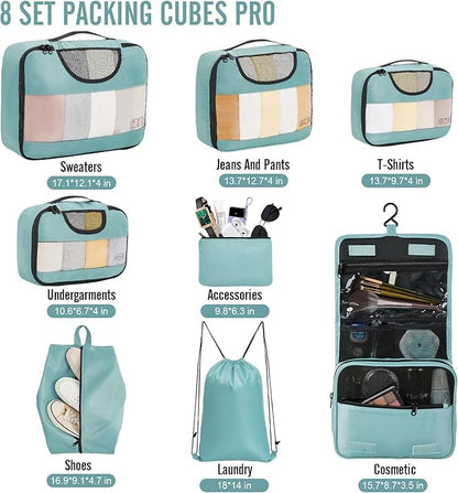 Veken 8 Set Packing Cubes for Travel Essentials, Suitcase Organizer Bags in 4 Sizes, Carry-On Luggage Accessories with Large Laundry & Hanging Toiletry Bag, Must-Have for Airplane, Road Trip & Camping