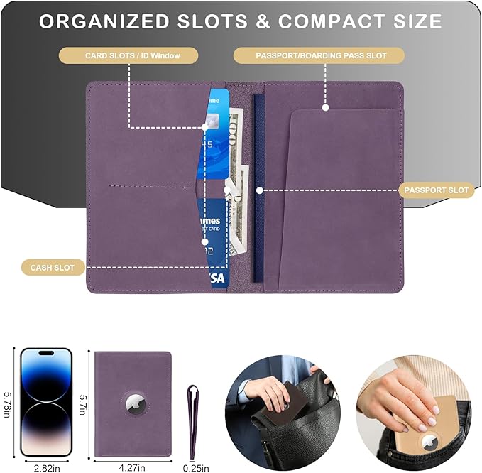 Airtag Passport Holder for Women Men Travel, Real Leather Passport Wallet, Handmade Passport Cover Case with Airtag Slot, Travel Must Haves Essentials Accessories Birthday Gifts (Crazy Horse, Purple)