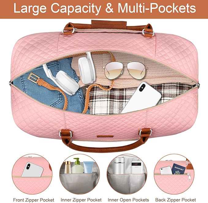 Weekender Bag for Women, Travel Duffel Bag Carry On Overnight Bag with Shoe Compartment Large Nylon Travel Weekend Tote Bag