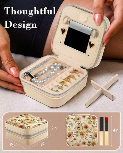 Bistup Travel Jewelry Case - Small Jewelry Organizers and Storage Box for Women Girls Teens Cute Traveling Jewelry Holder with Mirror Little Tiny Compact Modern Unique Aesthetic Pretty, Sunflower