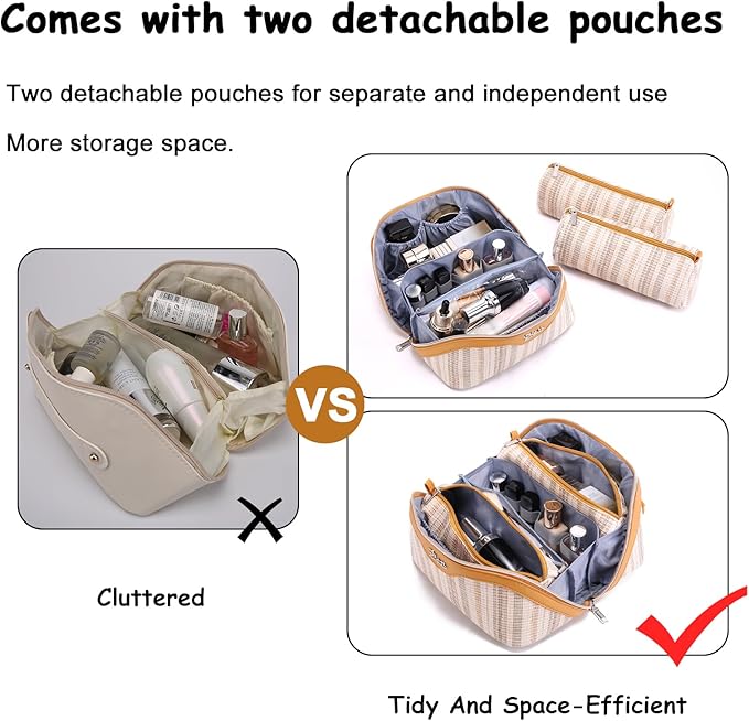 BOYATU Travel Makeup Bag for Women: Large Capacity Open Flat Make up Bag Set of 3 - Vegan Leather Cosmetic Bag with Compartments - Waterproof Toiletry Bag with Handle & Divider(I-4-Gold)