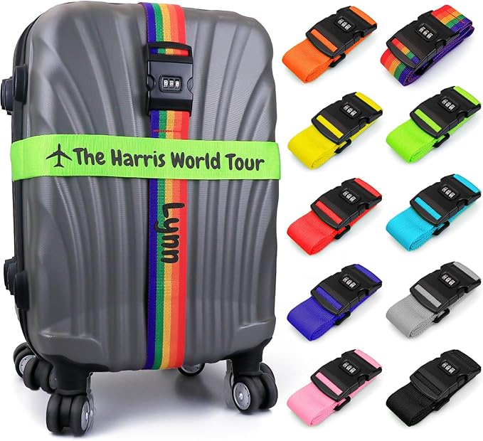 Personalised Luggage Straps with Locks for Suitcases, 4 Pack - Custom Luggage Strap with Name Embroidery, Thick Luggage Belt, Travel Suitcase Identity Straps Stitched, Heavy Duty Lockable Luggage