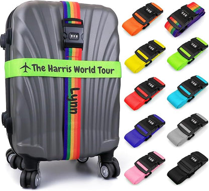 Personalised Luggage Straps with Locks for Suitcases, 4 Pack - Custom Luggage Strap with Name Embroidery, Thick Luggage Belt, Travel Suitcase Identity Straps Stitched, Heavy Duty Lockable Luggage