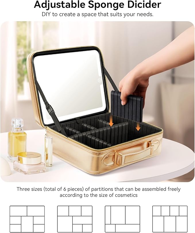 JUSRON Travel Makeup Bag With LED Mirror, Cosmetic Train Case with Light up Mirror, Portable Makeup Artist Organizer Bag with Adjustable Dividers, Makeup Brush Holder Storage (Rose Gold, Large)