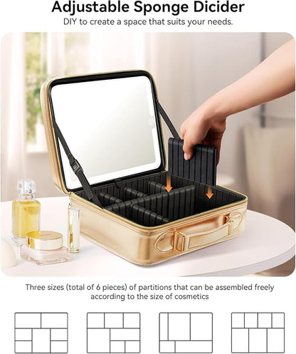 JUSRON Travel Makeup Bag With LED Mirror, Cosmetic Train Case with Light up Mirror, Portable Makeup Artist Organizer Bag with Adjustable Dividers, Makeup Brush Holder Storage (Rose Gold, Large)