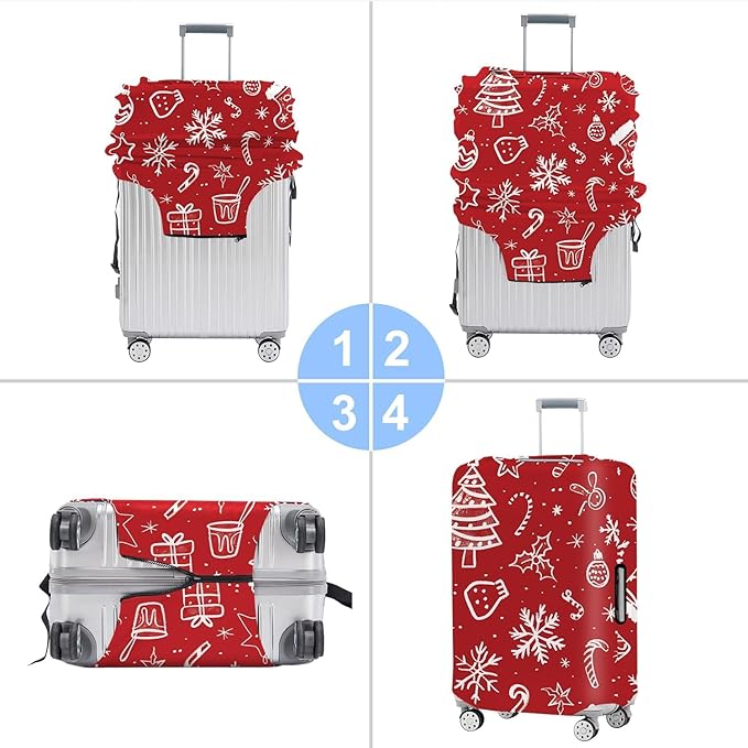 Red Christmas Luggage Cover – Snowflake & Candy Cane Suitcase Protector, Holiday Travel Luggage Sleeve, Stretchable & Waterproof, S