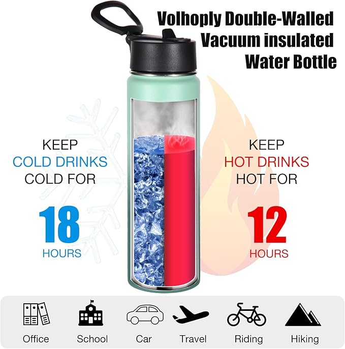Volhoply 24oz Insulated Water Bottle With Straw Bulk 6 Pack,Metal Wide Mouth Water Bottles With Handle Lid Keep Cold,Reusable Double Wall Cups,Powder Coated Sport Bottle For Holder(Mojito,6 Count)