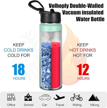 Volhoply 24oz Insulated Water Bottle With Straw Bulk 3 Pack,Metal Wide Mouth Water Bottles With Handle Lid Keep Cold,Reusable Double Wall Cups,Powder Coated Sport Bottle For Holder(Mojito,3 Count)