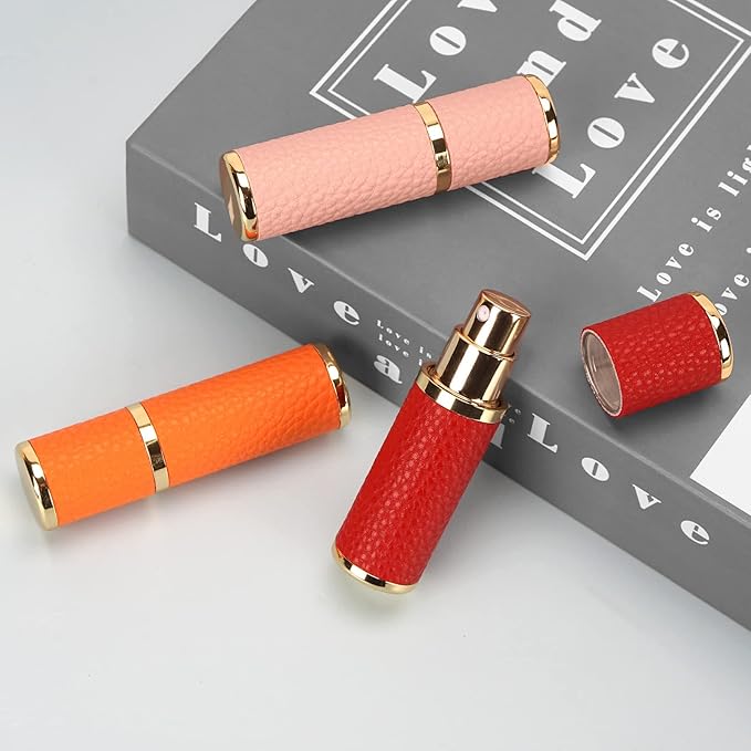 LUEXBOX 3 Pack Portable Perfume Bottle for Travel, Mini Refillable Perfume Dispenser, 5ml Faux Leather Leak Proof Perfume Atomizers Bottles Sprayer for Pocket Perfume (Red, Pink, Orange)