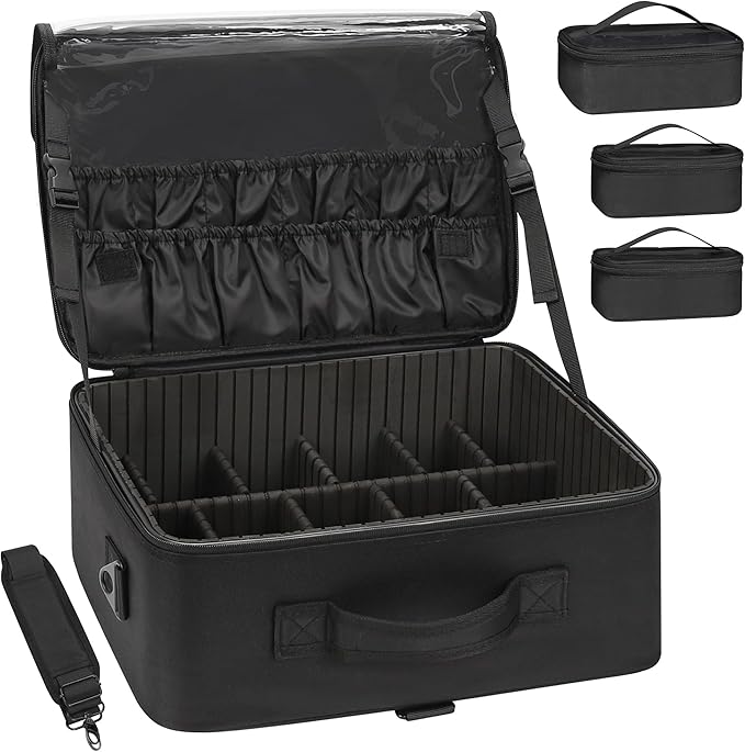 Relavel Large Makeup Bag with 3 Removable Pouches, Travel Train Case Cosmetic Organizer Carrying Box for Makeup Artists Hairstylist with Adjustable Dividers, Brush Holder and Shoulder Strap, Black