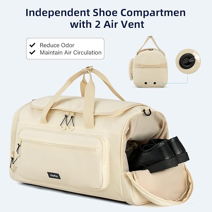 Large Travel Duffle Gym Bag with Shoe Compartment, Underseat Carry On Luggage Overnight Weekender Personal Item Workout Bags for Women Men (Offwhite)