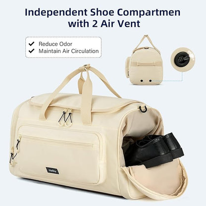 Large Travel Duffle Gym Bag with Shoe Compartment, Underseat Carry On Luggage Overnight Weekender Personal Item Workout Bags for Women Men (Offwhite)